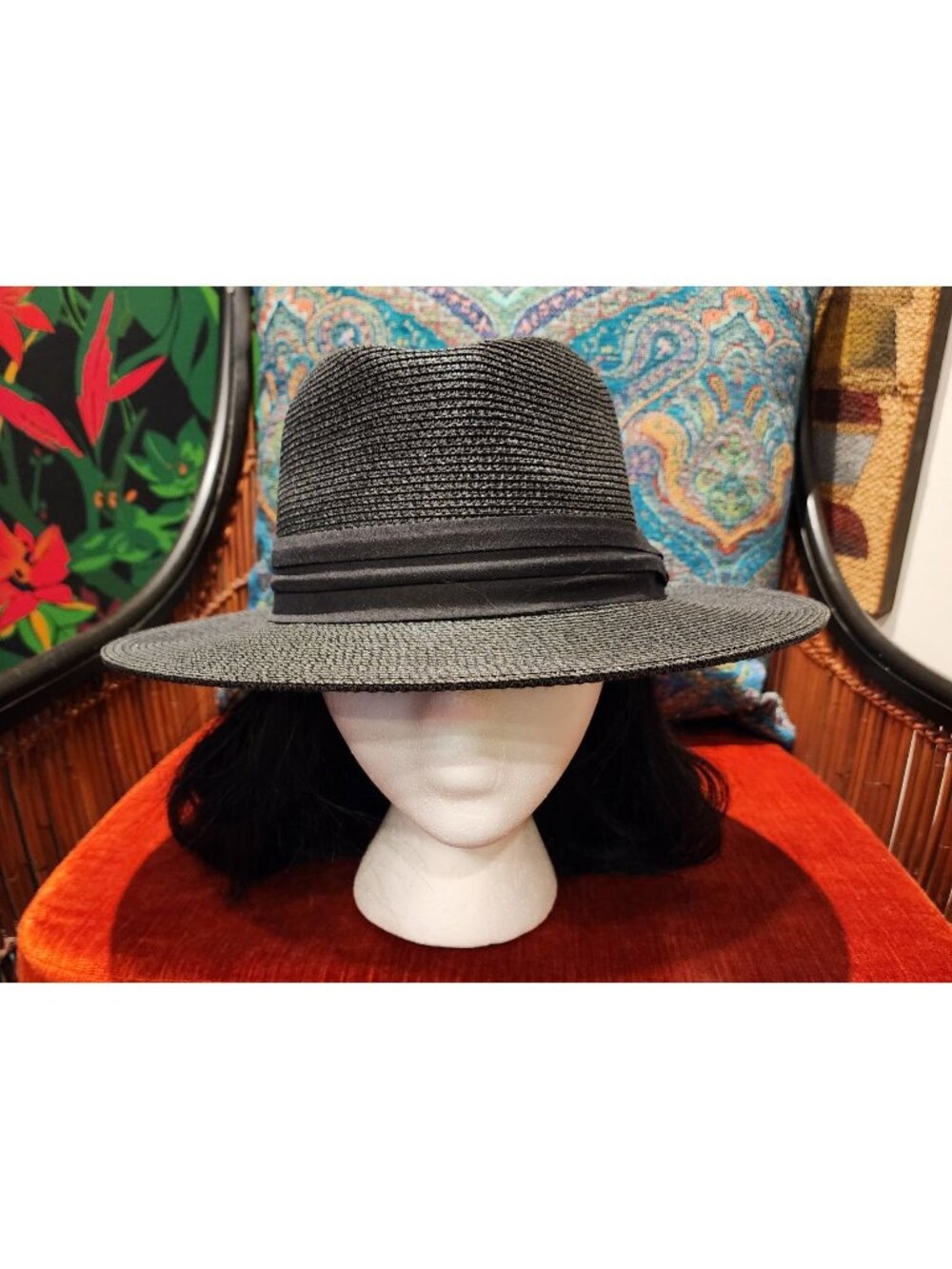 Furtalk Women's Black Wide Brim Fedora Straw Hat  Ribbon Sun Protection Size M/L